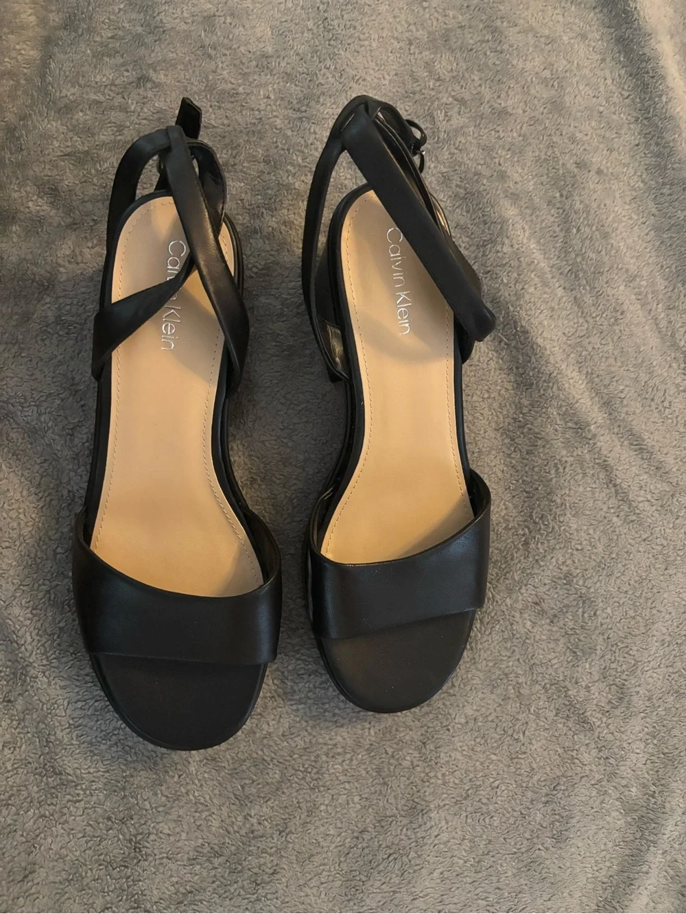 Calvin Klein Black Leather Open-Toe Slingback Heels - Never worn, clean bottoms